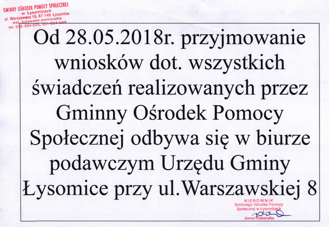 Informacja o biurze podawczym GOPS Łysomice